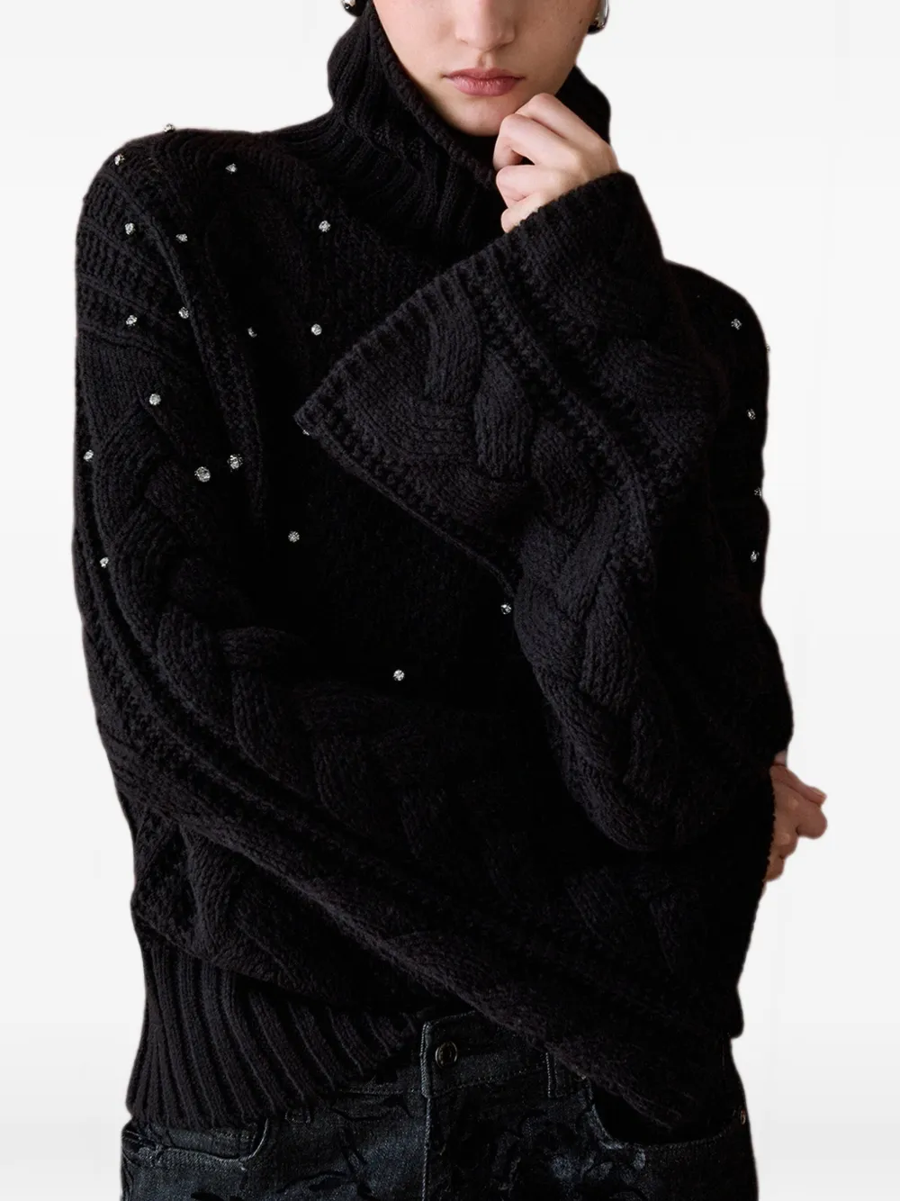 LIU JO cable-knit turtleneck with rhinestones Zwart