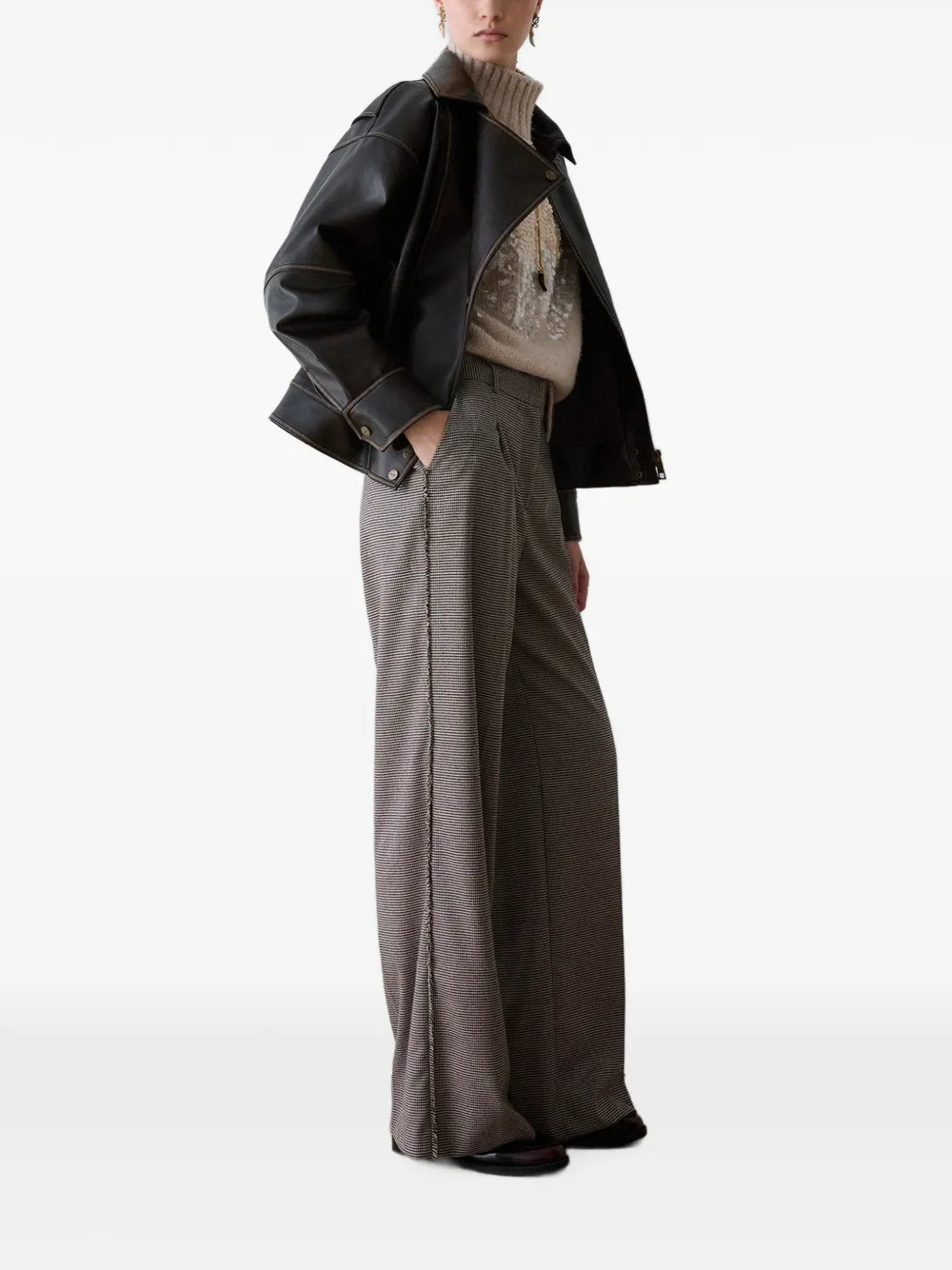 LIU JO Lange broek met pied-de-poule print Bruin