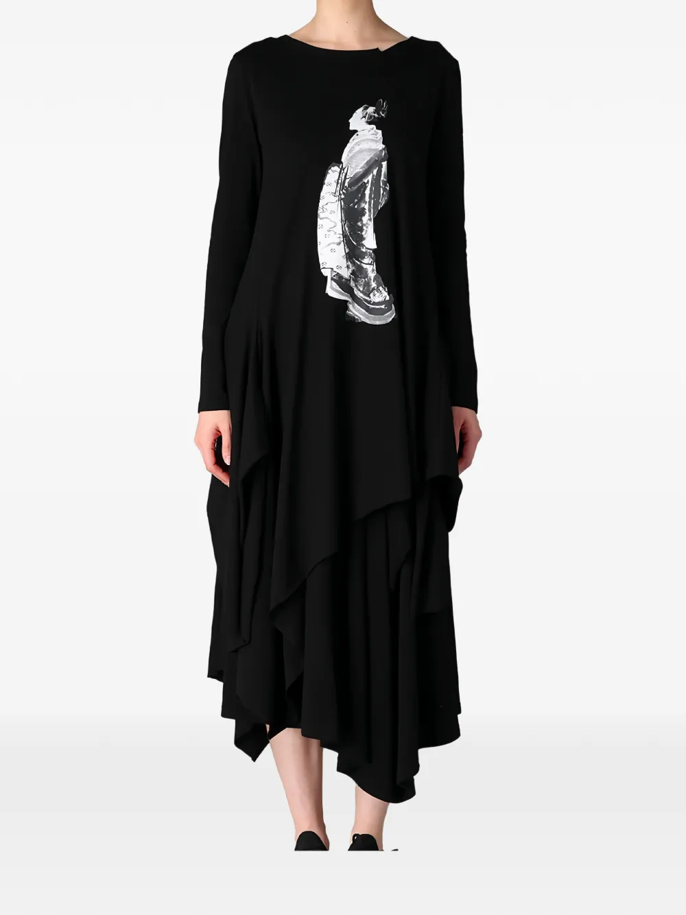 Yohji Yamamoto Asymmetrische jurk met print Zwart