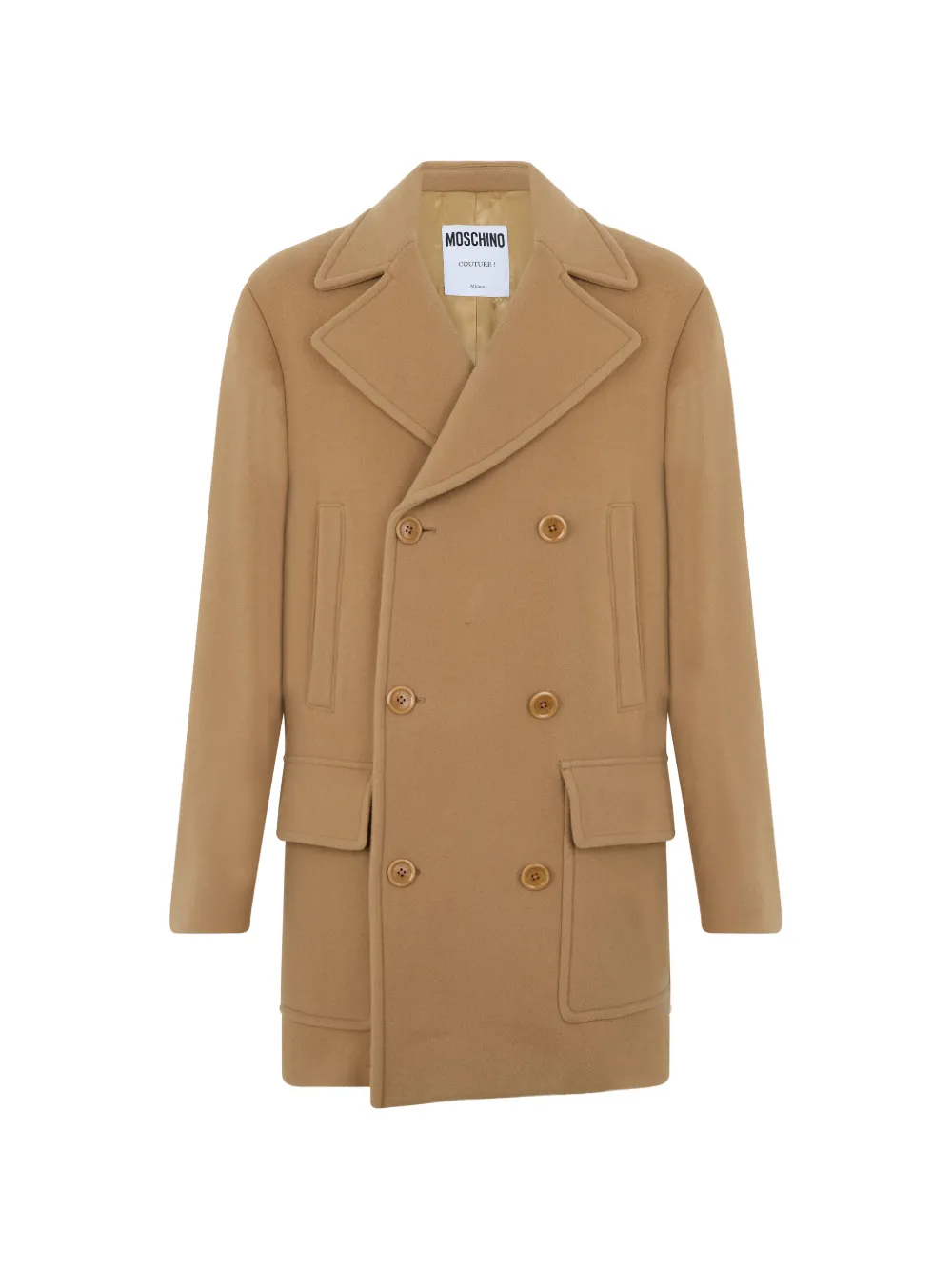 Moschino double-breasted logo-plaque coat Beige