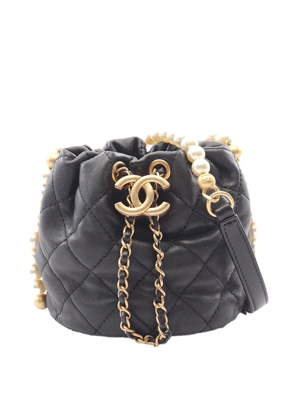 CHANEL Pre-Owned 2021 Mini Quilted Calfskin About Pearls Drawstring bucket bag - Black