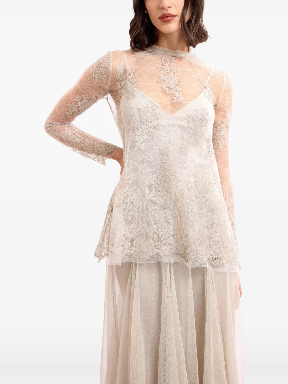 Gemy Maalouf Top met kanten laag en lange mouwen Beige