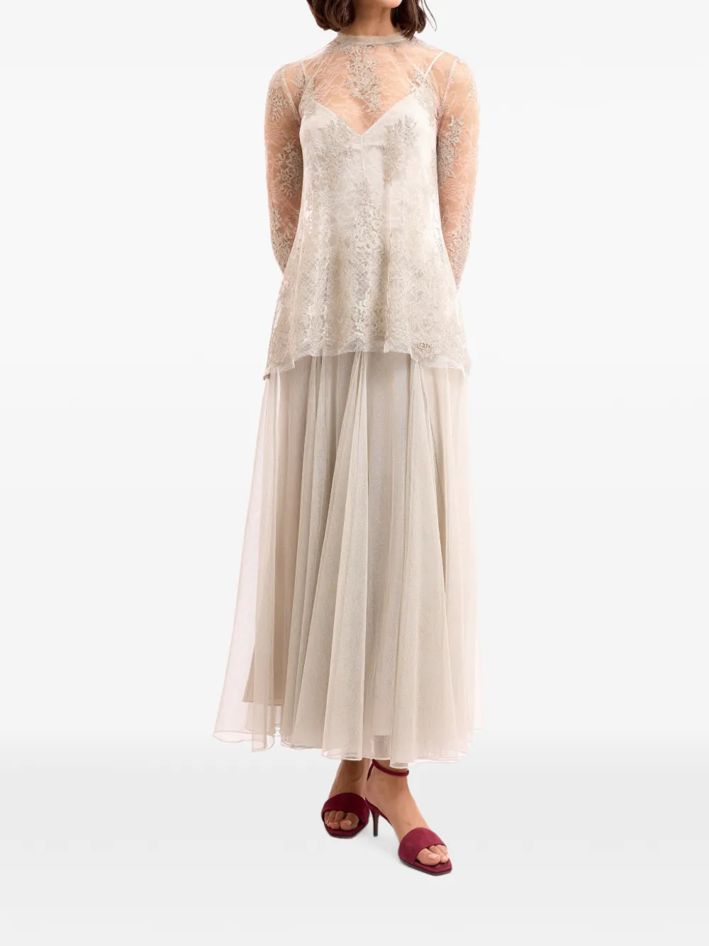 Gemy Maalouf Top met kanten laag en lange mouwen Beige