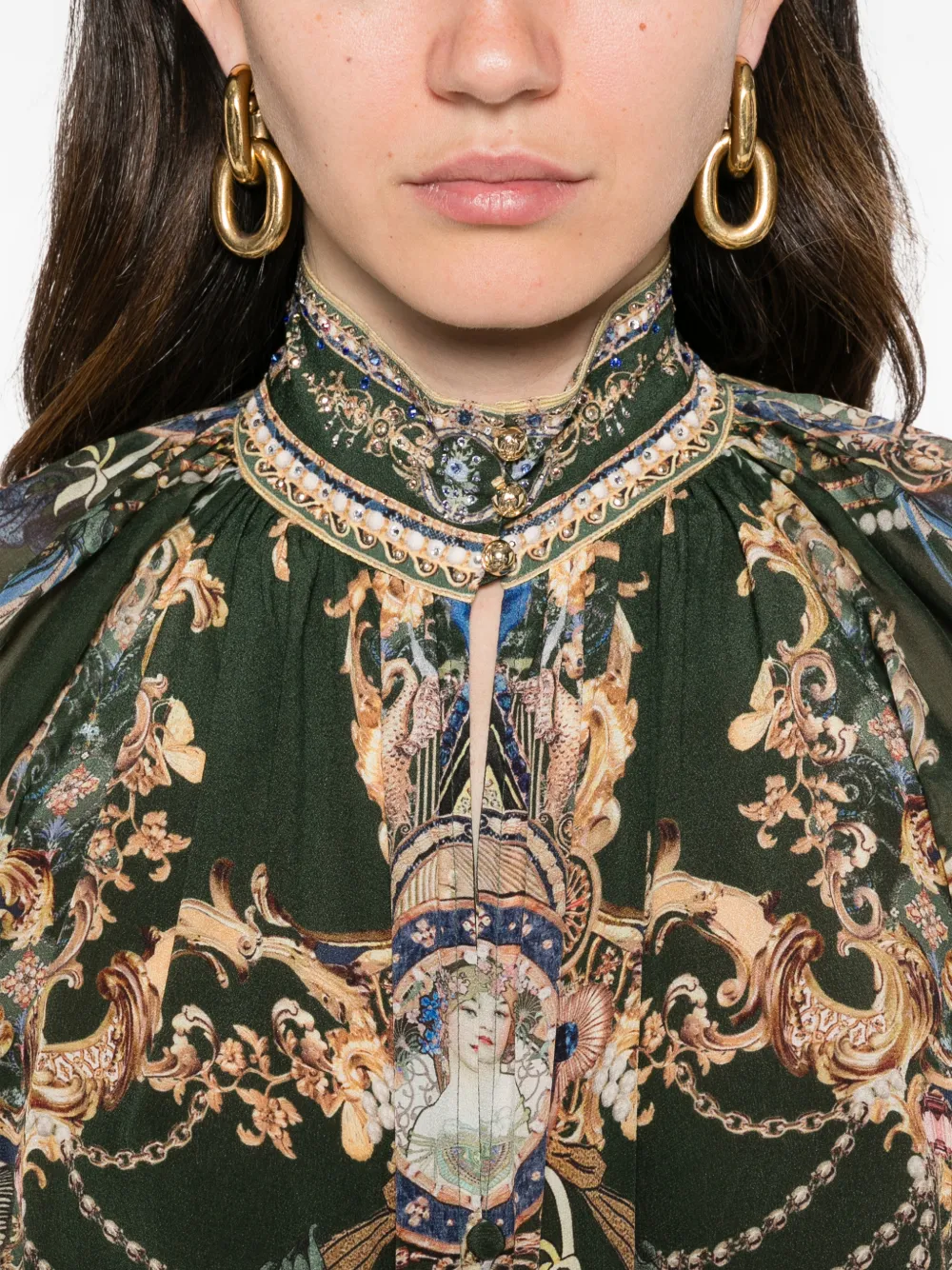 Camilla graphic-print silk blouse Groen