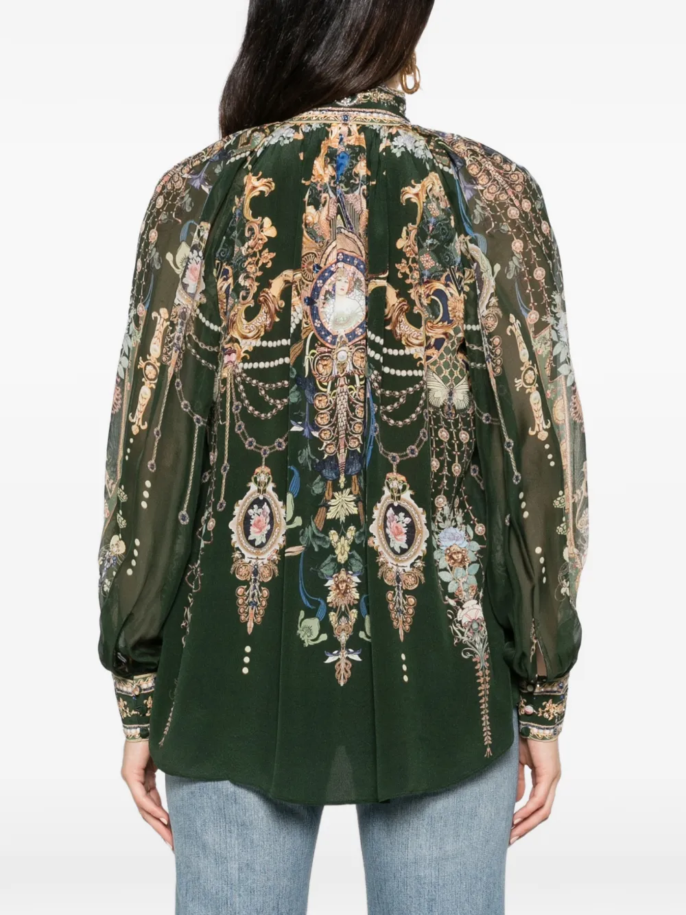 Camilla graphic-print silk blouse Groen