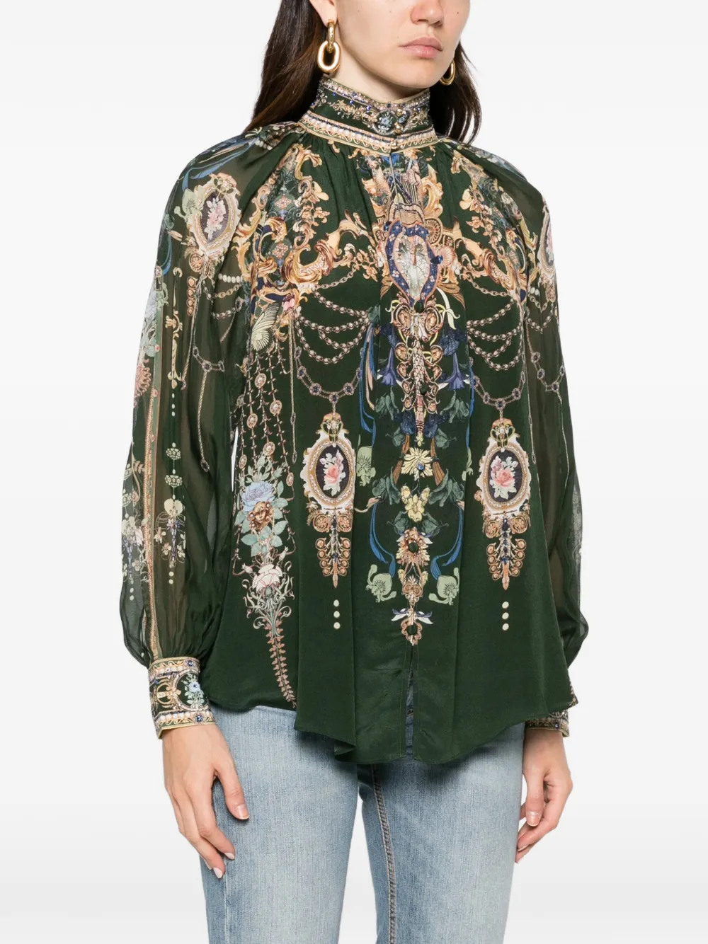 Camilla graphic-print silk blouse Groen
