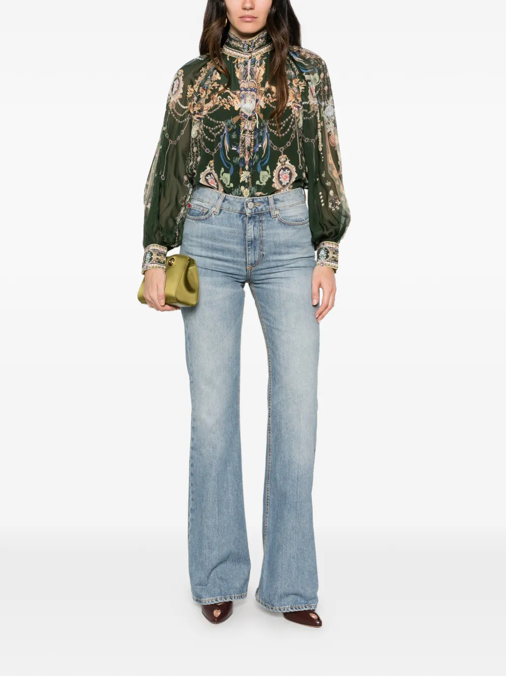 Camilla graphic-print silk blouse Groen