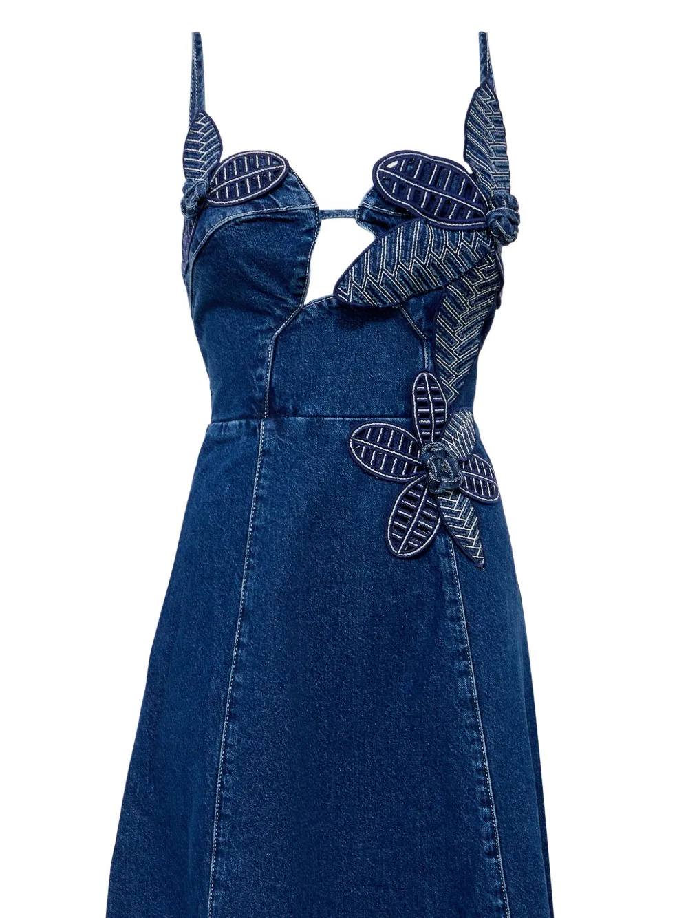 FARM Rio floral-appliqué denim midi dress Blauw