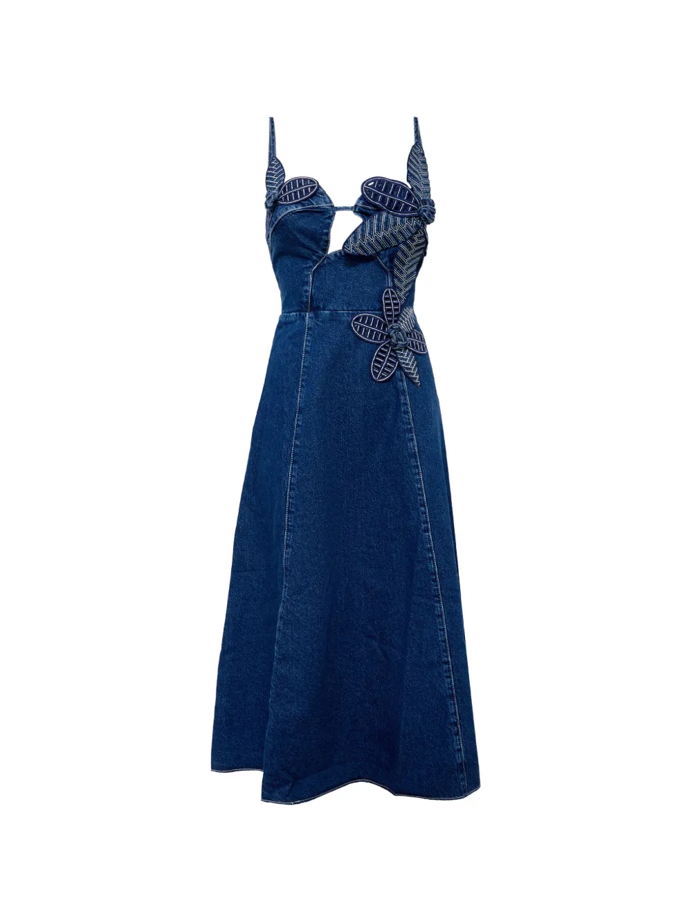 FARM Rio floral-appliqué denim midi dress