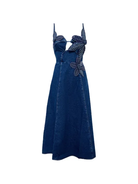 FARM Rio floral-appliqué denim midi dress