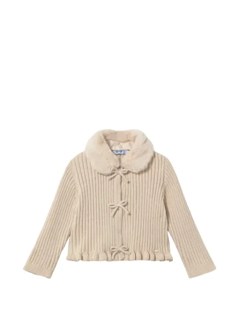 Mayoral faux-fur collar ruffled cardigan