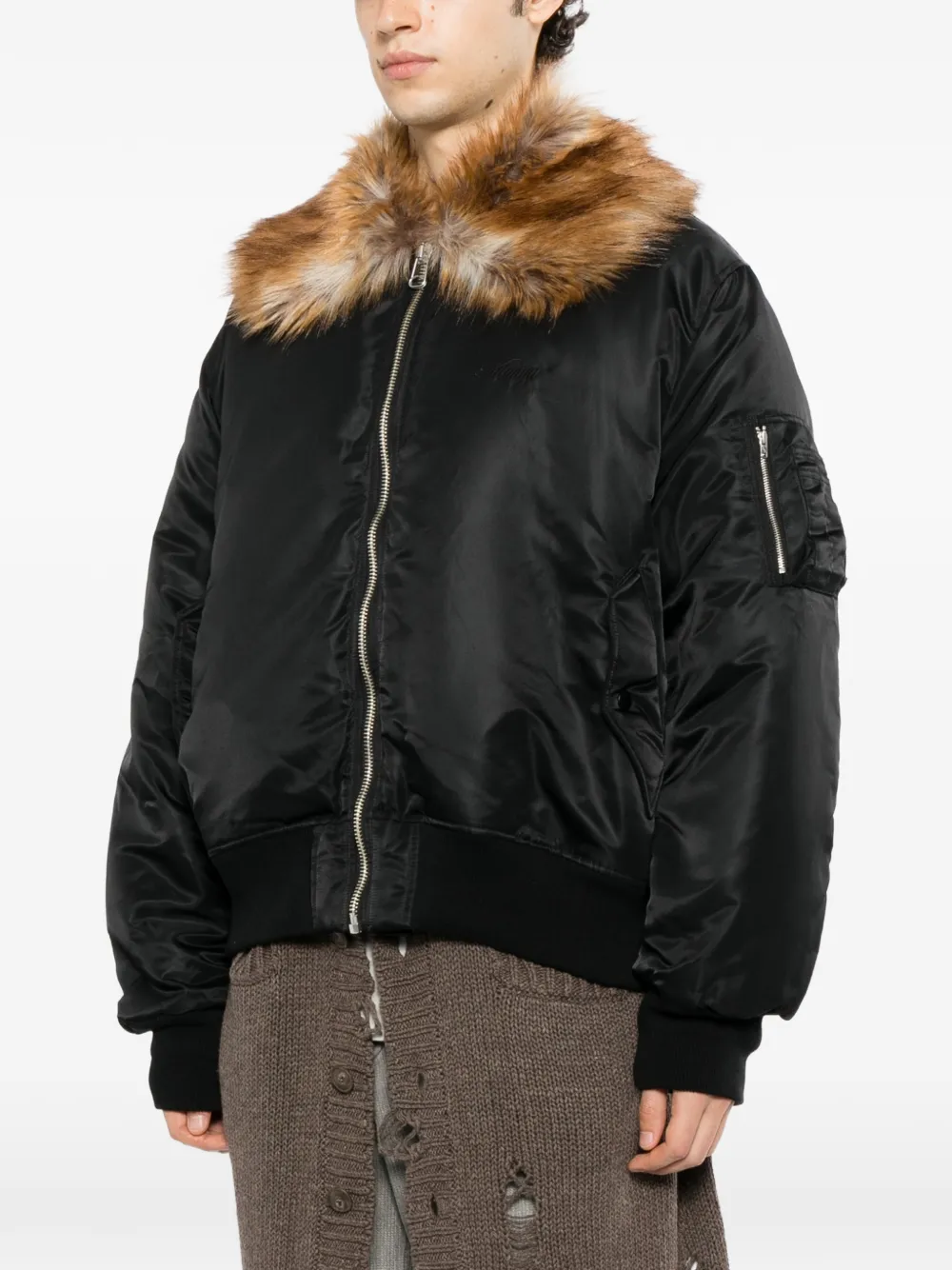 KAMIYA faux-fur collar bomber jacket Zwart