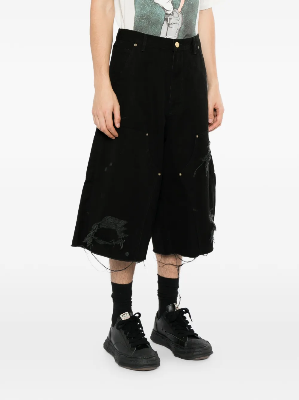 KAMIYA distressed panelled shorts Zwart
