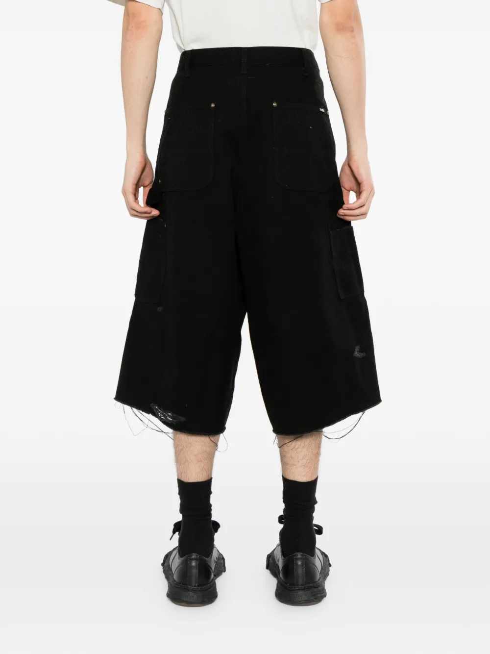 KAMIYA distressed panelled shorts Zwart