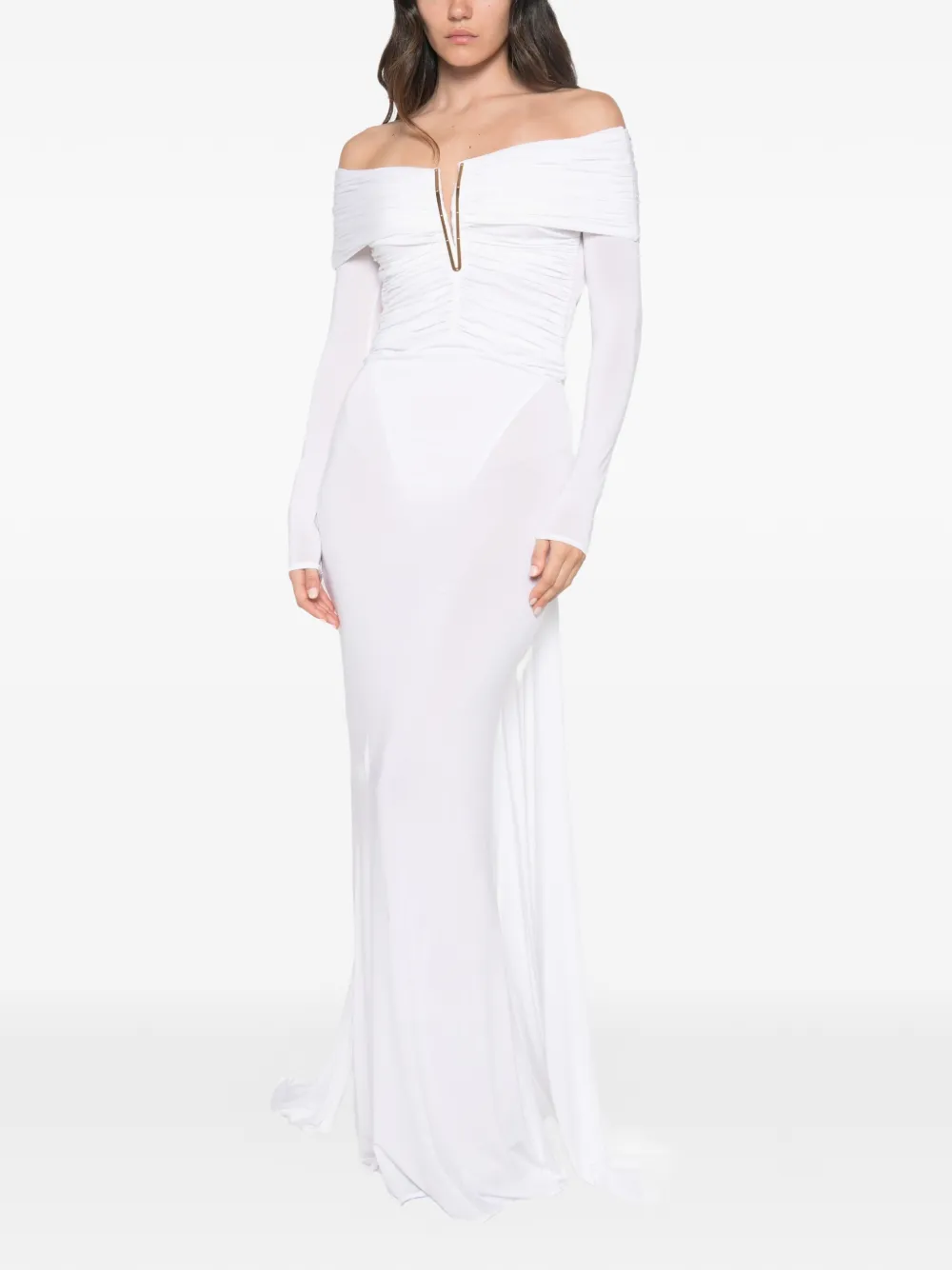 Elisabetta Franchi Off-shoulder maxi-jurk met ruches Beige