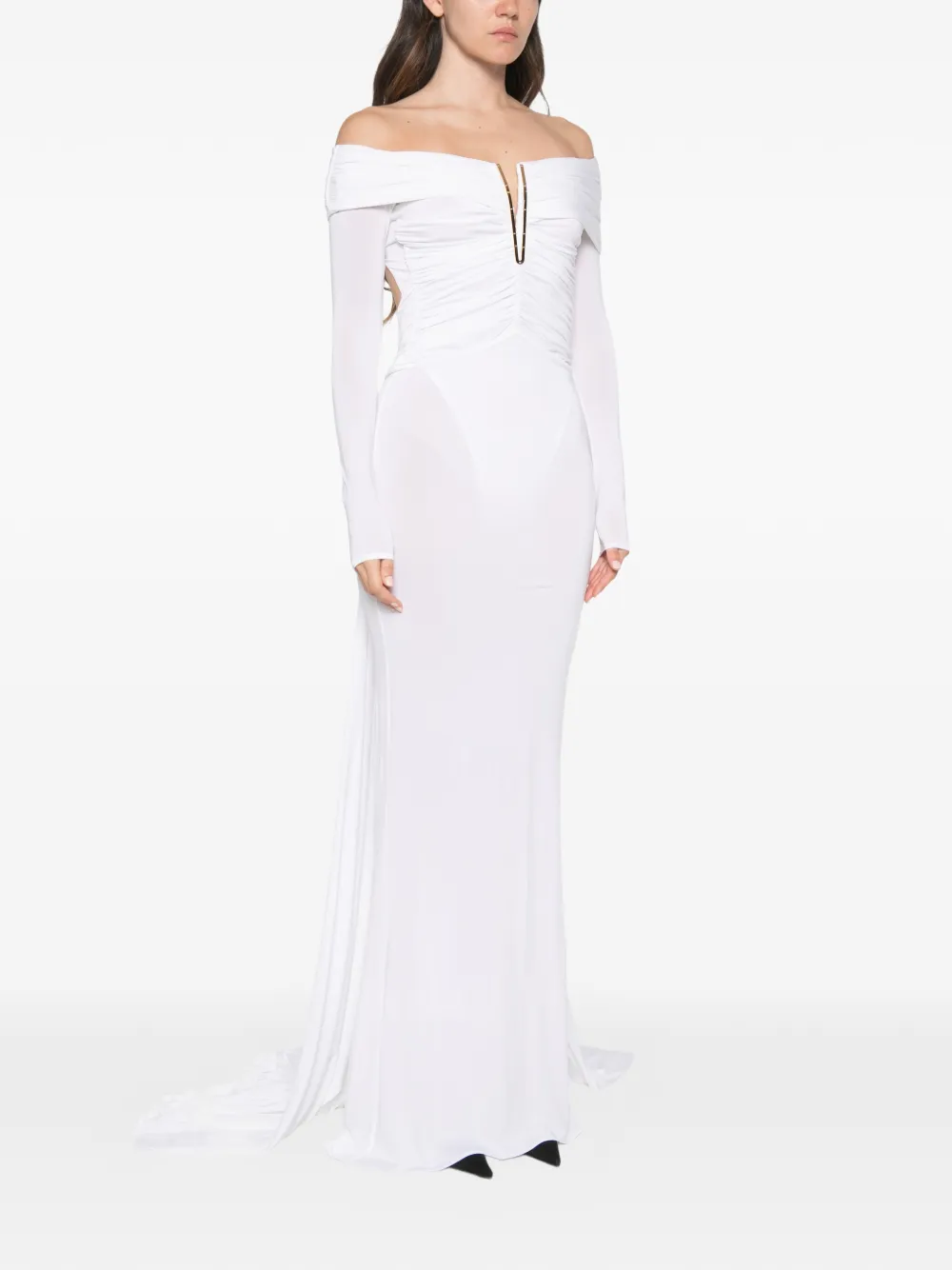 Elisabetta Franchi Off-shoulder maxi-jurk met ruches Beige