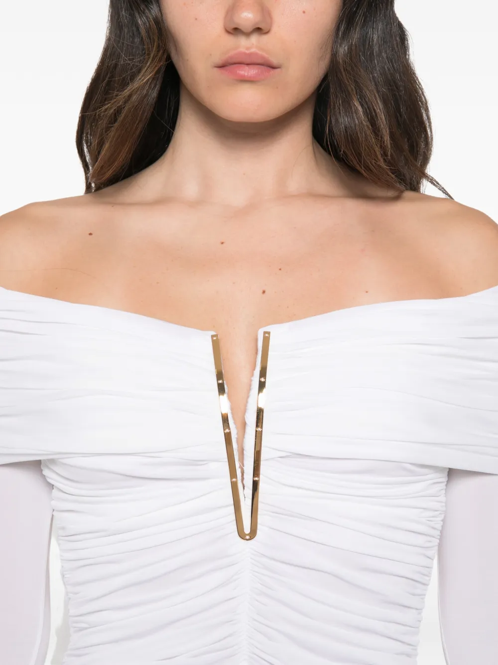 Elisabetta Franchi Off-shoulder maxi-jurk met ruches Beige