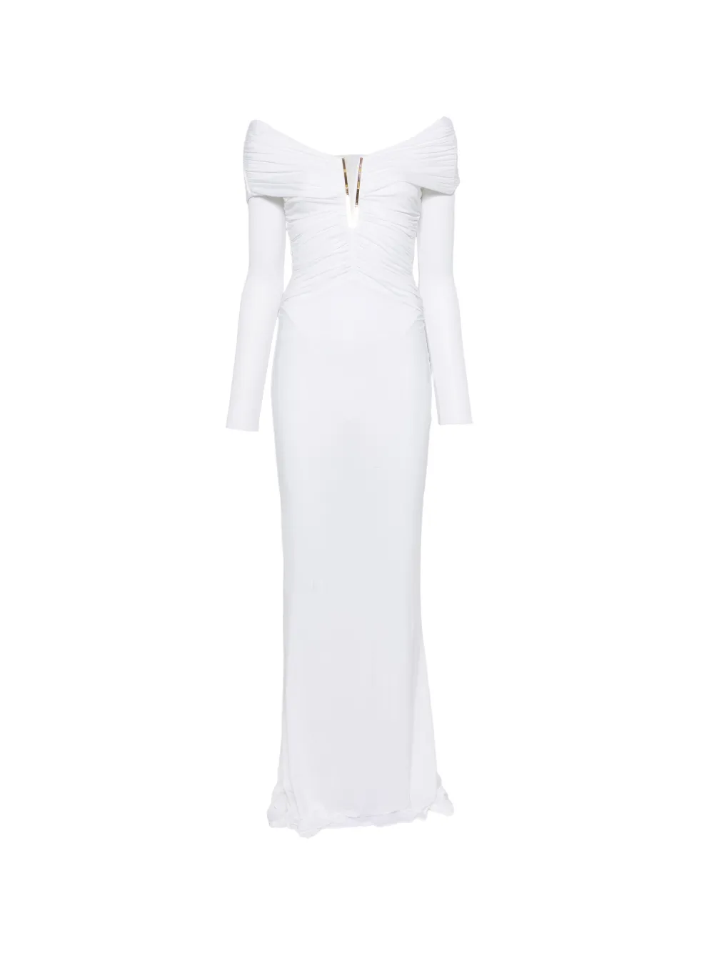Elisabetta Franchi Off-shoulder maxi-jurk met ruches Beige