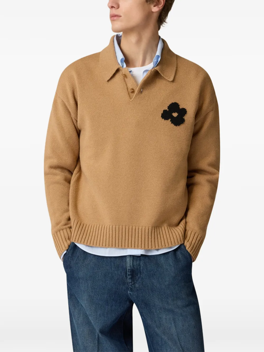 Lardini flower-jacquard knitted polo shirt Beige