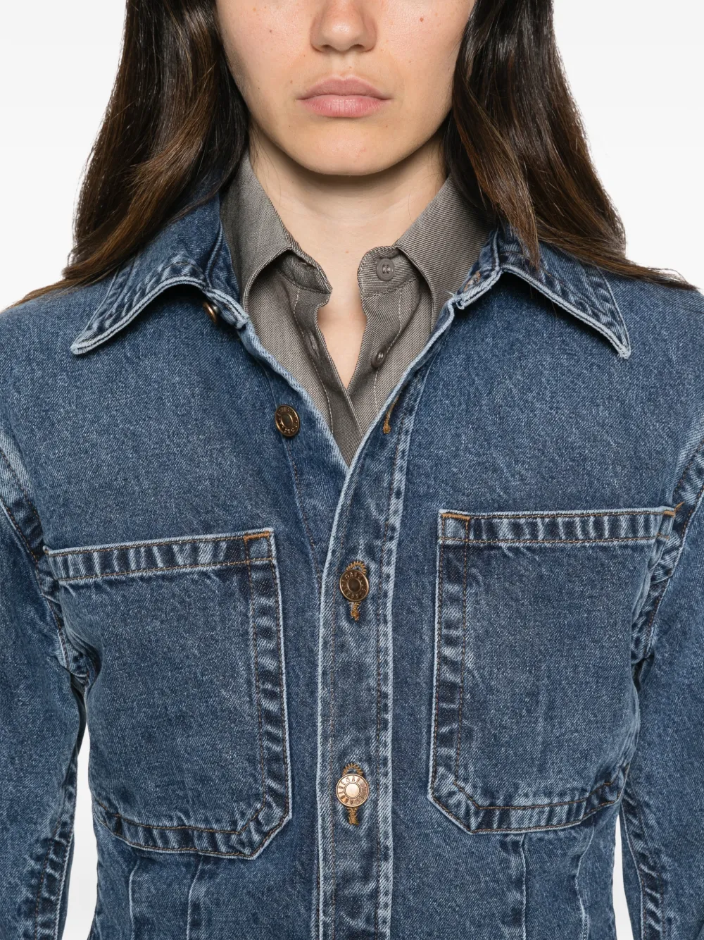 AGOLDE Wilma Panelled Denim Shirt in Blue, view 5