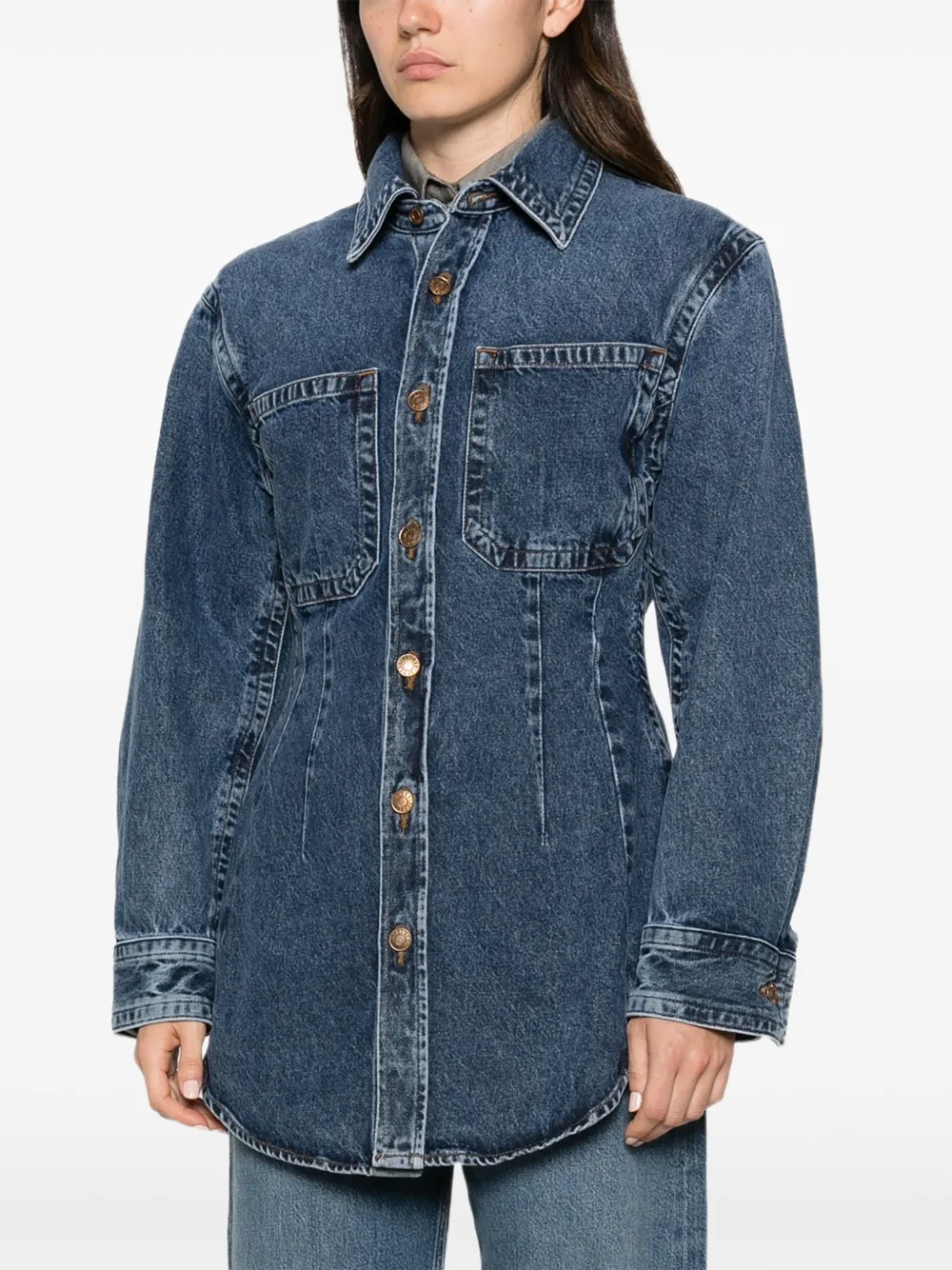AGOLDE Wilma Panelled Denim Shirt in Blue, view 3