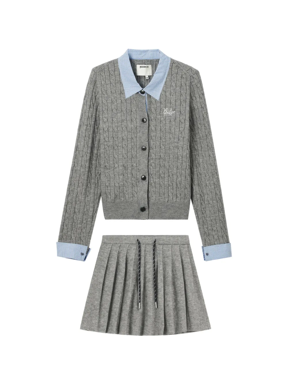 Musium Div. Cable-knit Lcardigan And Mini Skirt Set In Gray