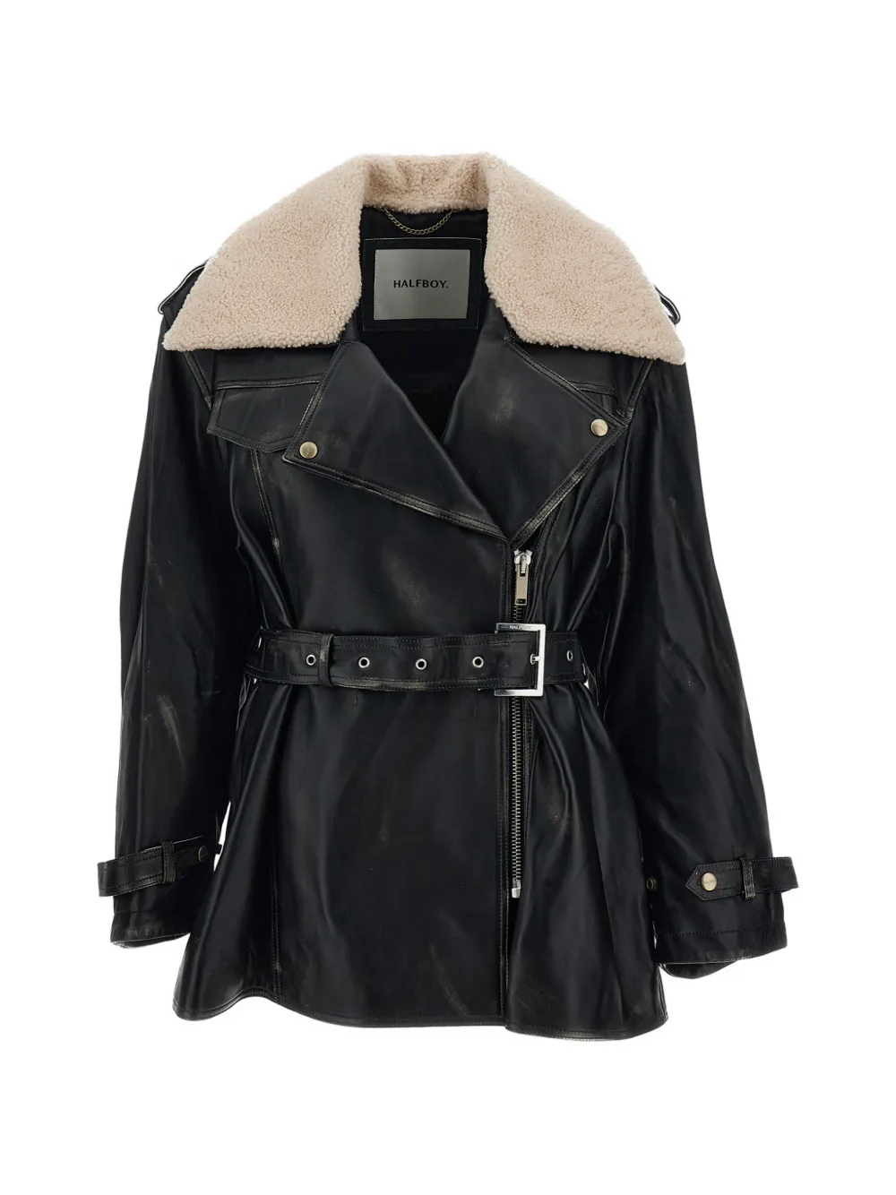Halfboy Belted Shearling-collar Biker Jacket In Schwarz