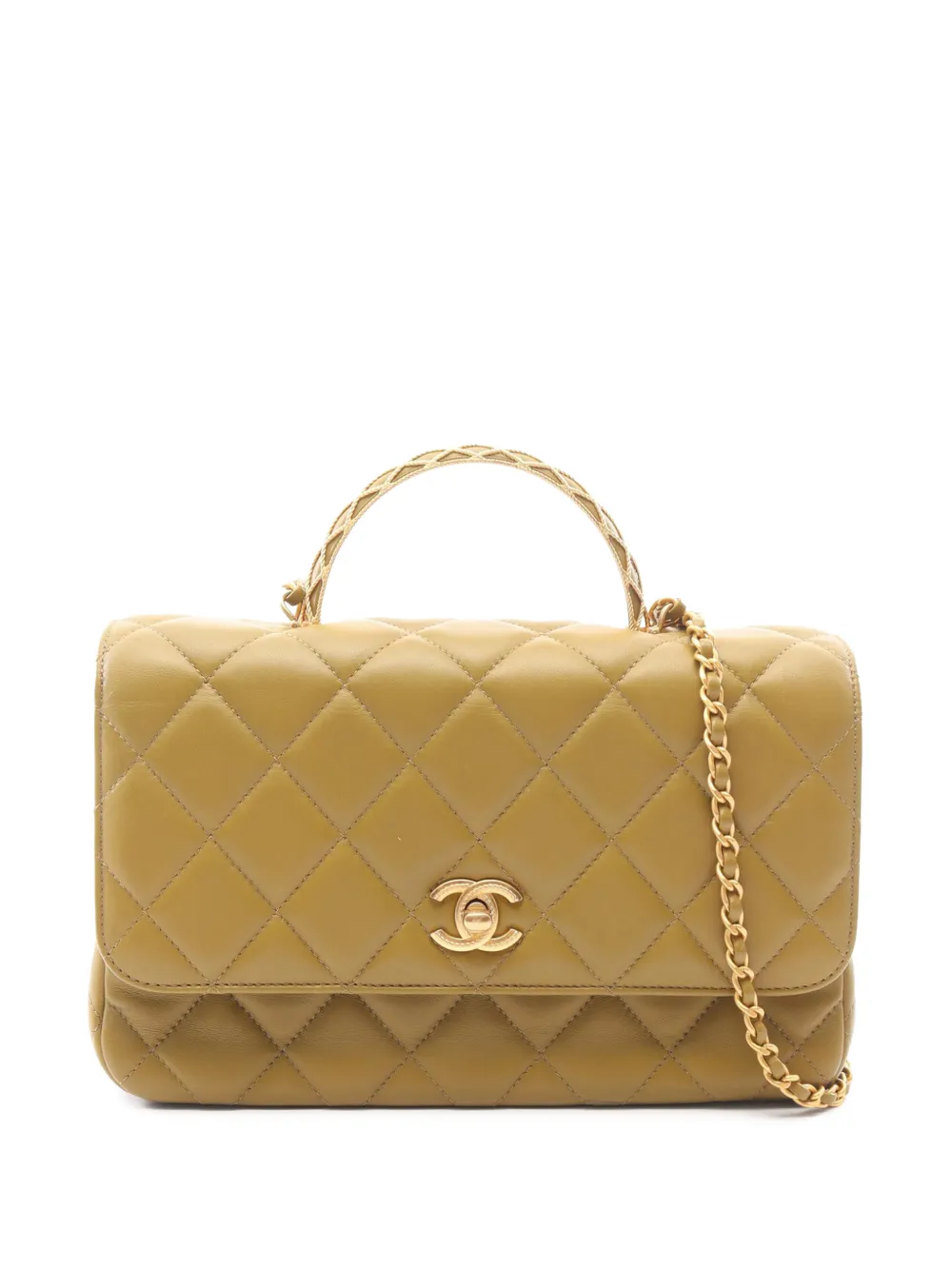 CHANEL Pre-Owned sac à main en cuir d'agneau matelassée à anses en métal torsadées et rabat CC (2021-2026) - Marron