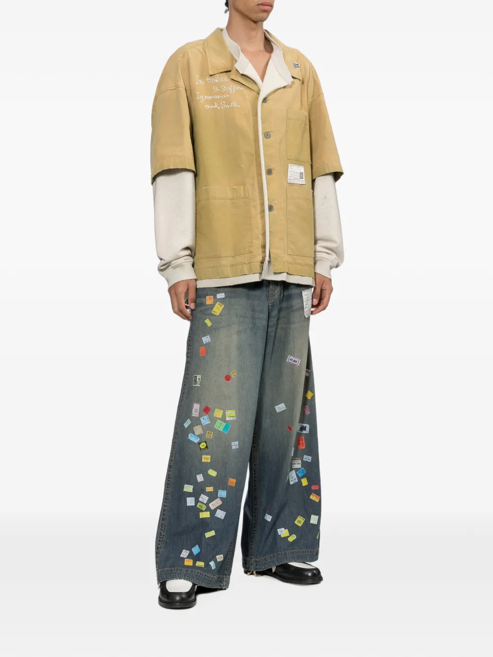 Maison MIHARA YASUHIRO Price Tag Sticker-printed wide denim pants Blauw