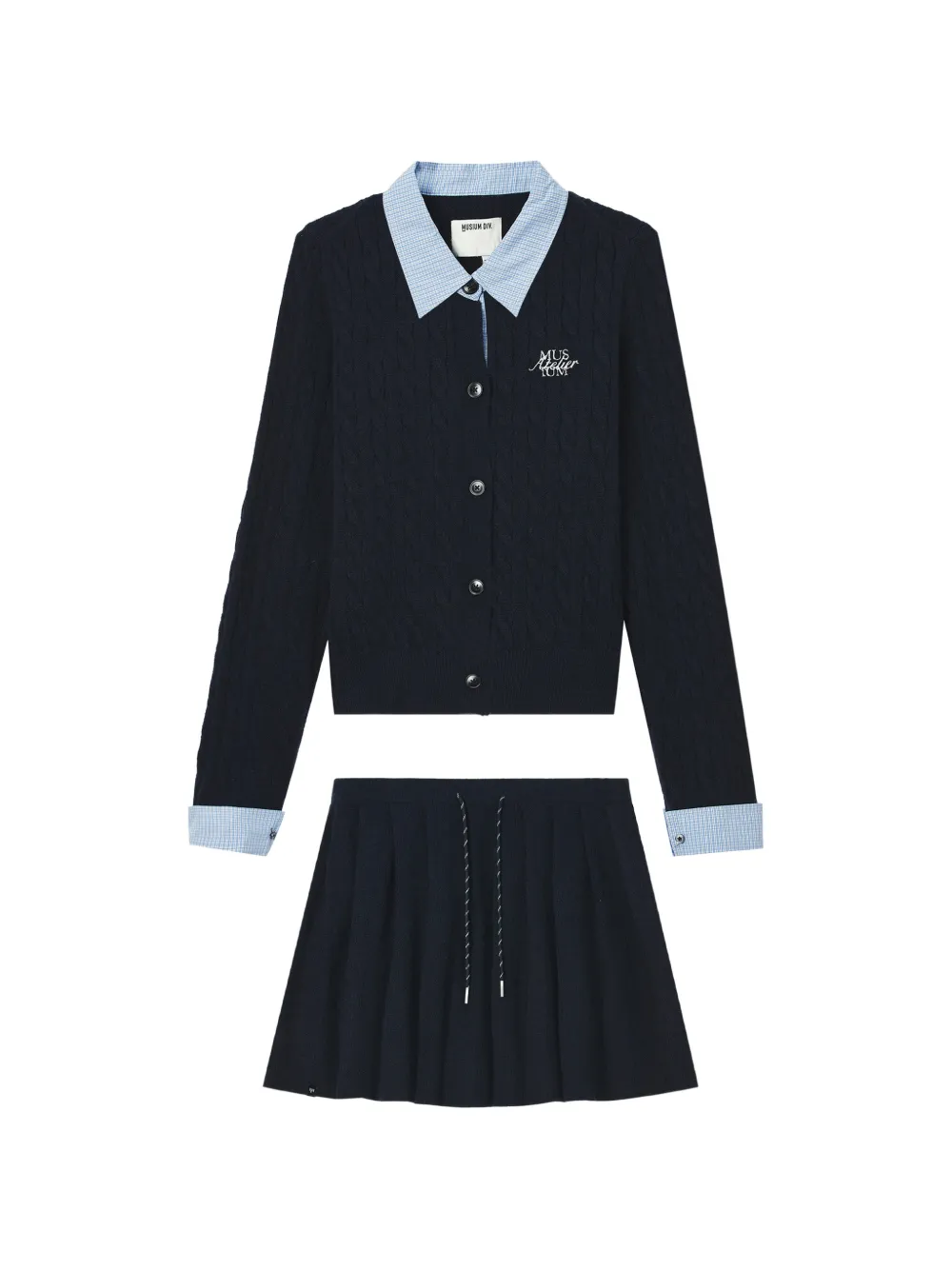 Musium Div. Cable-knit Cardigan And Mini Skirt Set In Blue