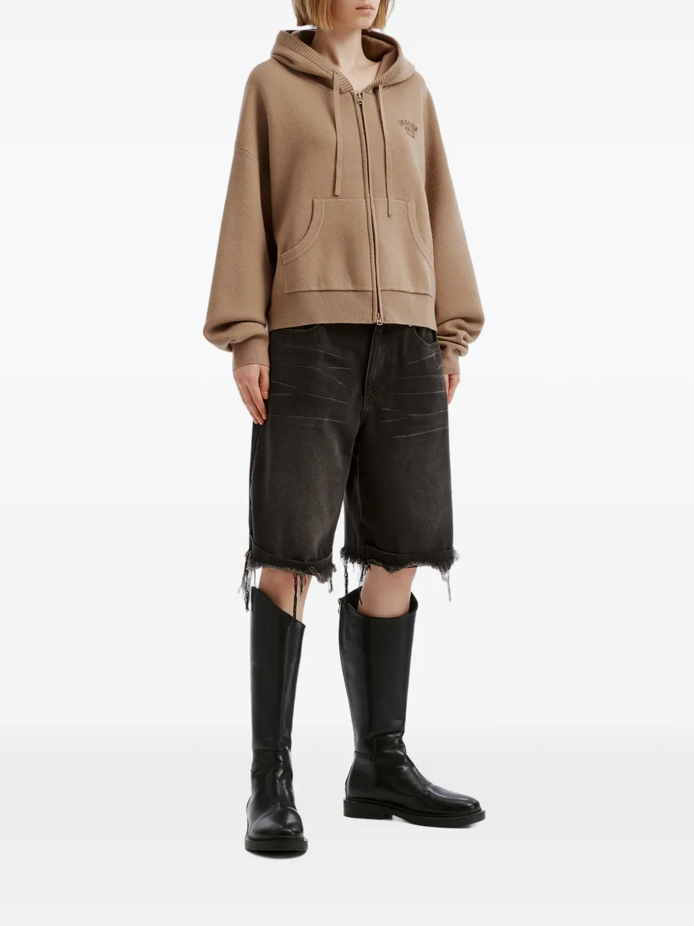 izzue logo-embroidered zip-up hoodie Beige