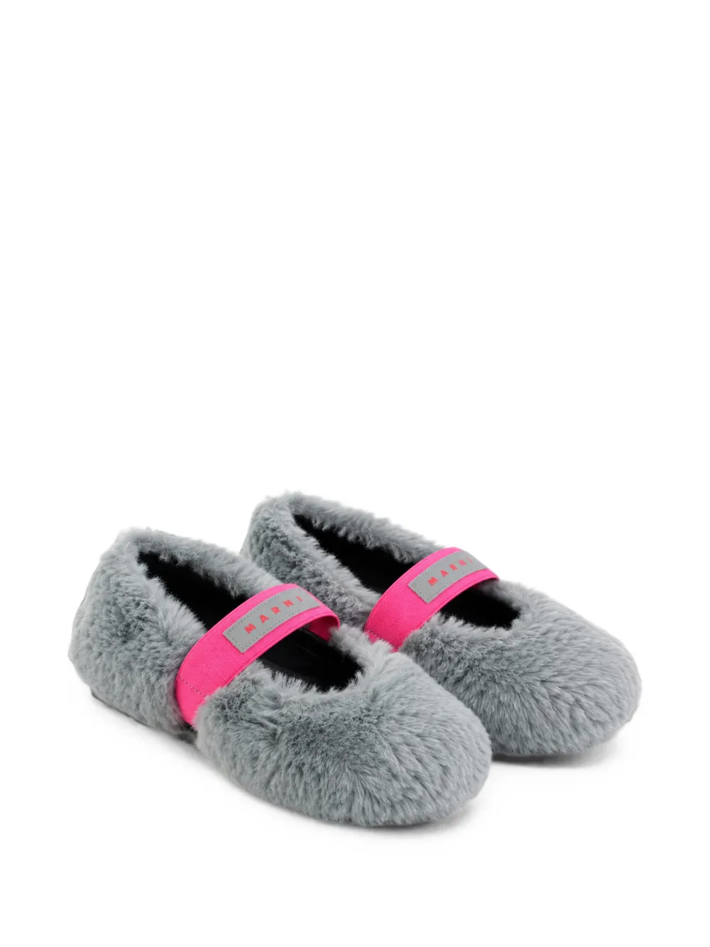 Marni Kids grey faux fur ballerinas with logo elastic strap - Grigio