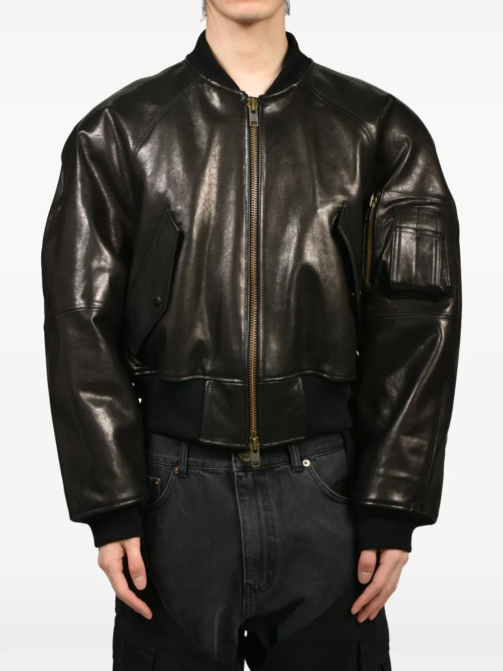 Protocol Index Exaggerated-shoulder Leather Jacket In Black