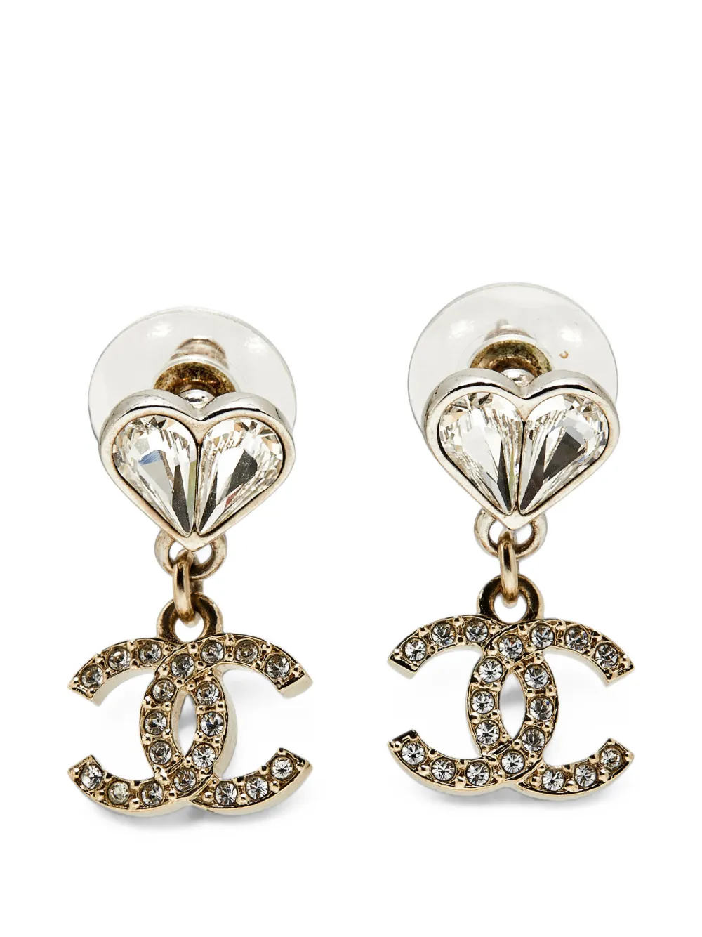 CHANEL Pre-Owned crystal heart CC drop earrings - Oro