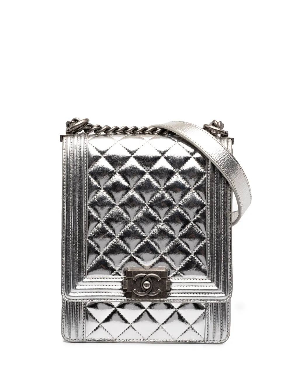 CHANEL Pre-Owned 2019 Quilted Metallic Goatskin North South Boy Flap crossbody bag - Argento