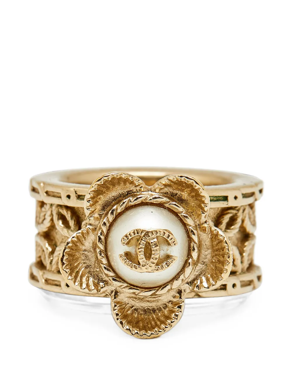 CHANEL Pre-Owned Coco Mark flower wide band ring - Oro