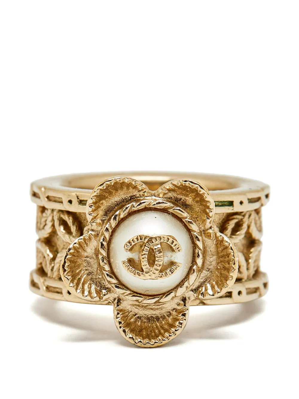 CHANEL Pre-Owned Coco Mark flower wide band ring - Oro