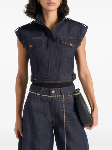 Manière De Voir Imelda denim cropped wide shoulder sleeveless jacket indigo