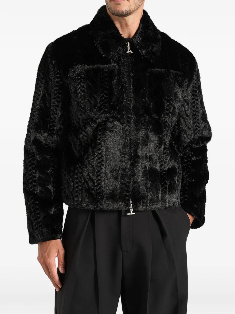 Manière De Voir David plush cable embossed jacket black Zwart