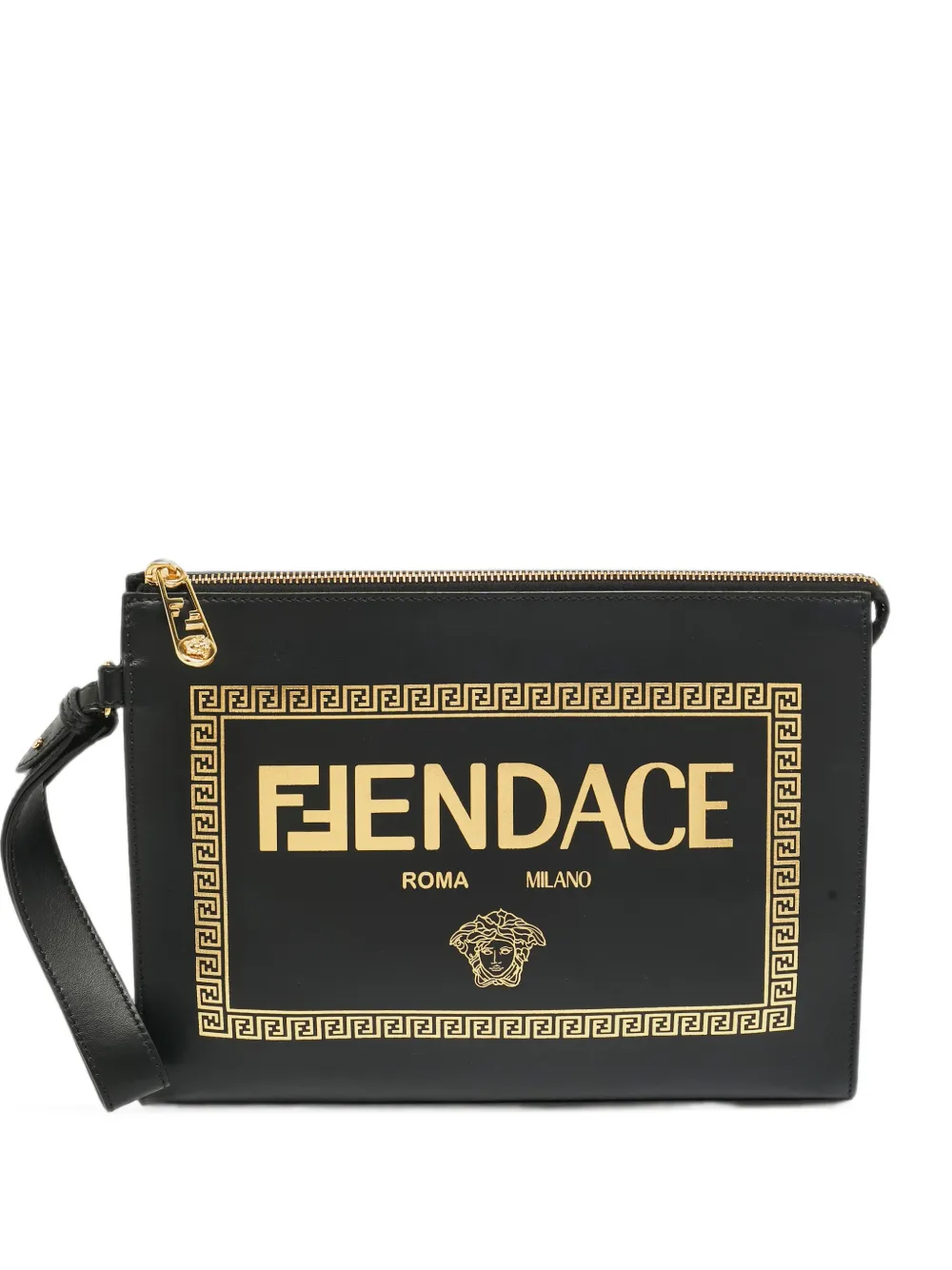 Fendi Pre-Owned x Versace pochette dragonne Fendace en cuir de veau à logo - Noir Fendi Pre-Owned x Versace pochette dragonne Fendace en cuir de veau à logo - Noir