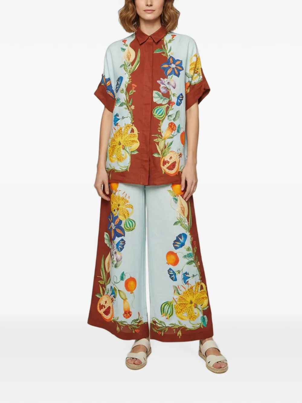 ALEMAIS ensemble chemise-pantalon Dahlia en lin à fleurs - Bleu ALEMAIS ensemble chemise-pantalon Dahlia en lin à fleurs - Bleu