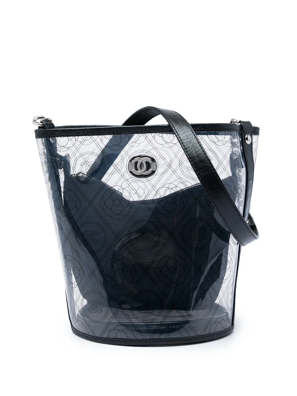 CHANEL Pre-Owned 2018 Medium PVC and Crumpled Calfskin Camellia Coco bucket bag - Nero