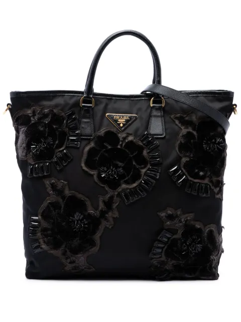 Prada Pre-Owned 2013-2026 Beaded Tessuto Floral Applique Tote satchel