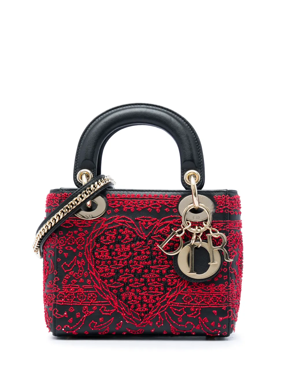 Christian Dior Pre-Owned 2018 mini Heart Playing Cards Lady Dior Satchel-Tasche aus glattem Kalbsleder mit Stickerei - Schwarz