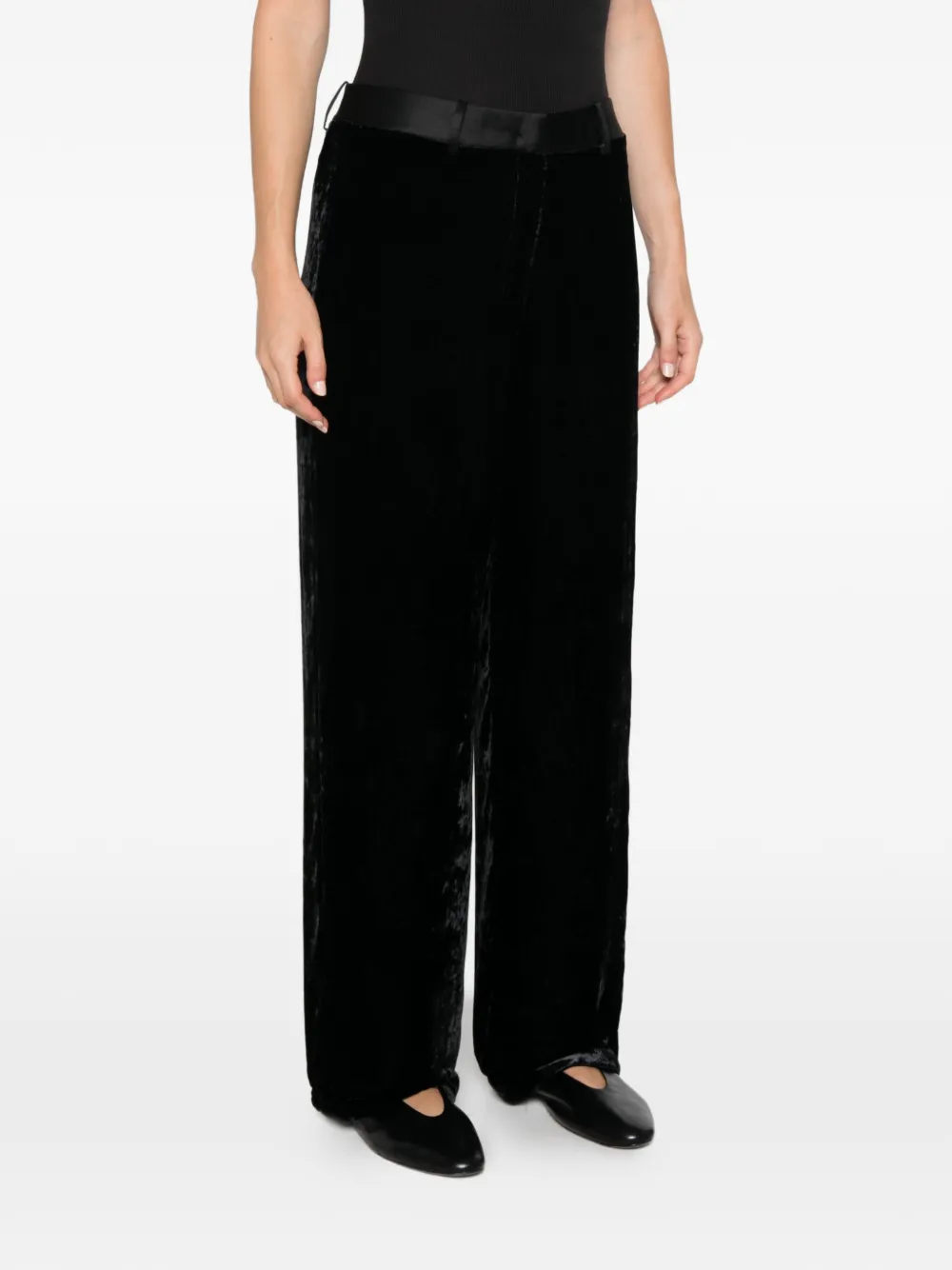 Forte crushed-velvet satin-trim trousers Zwart