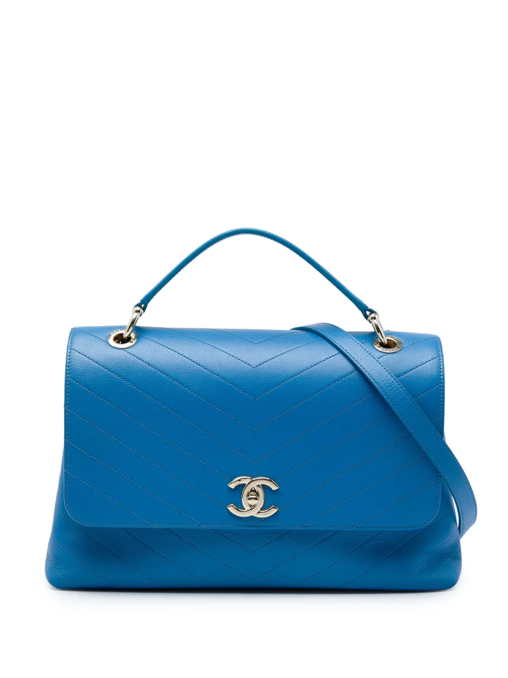 CHANEL Pre-Owned 2019 Medium Grained Calfskin Chevron Chic Top Handle Flap satchel - Blue