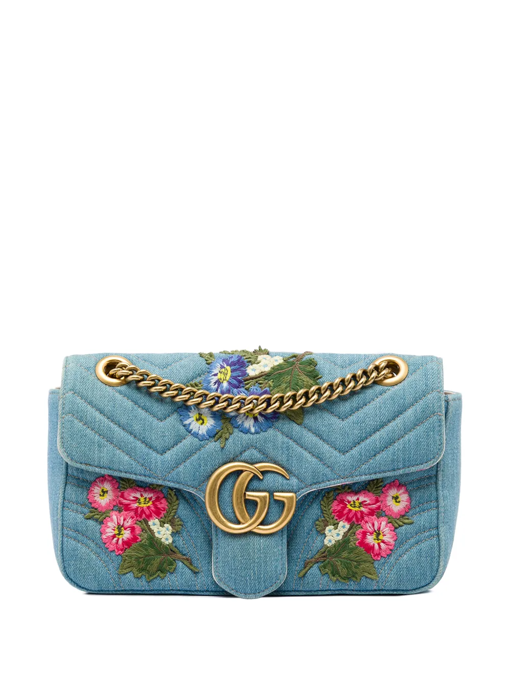 Gucci Pre-Owned 2016-2026 Medium GG Marmont Matelasse Denim Floral Embroidered shoulder bag - Blu