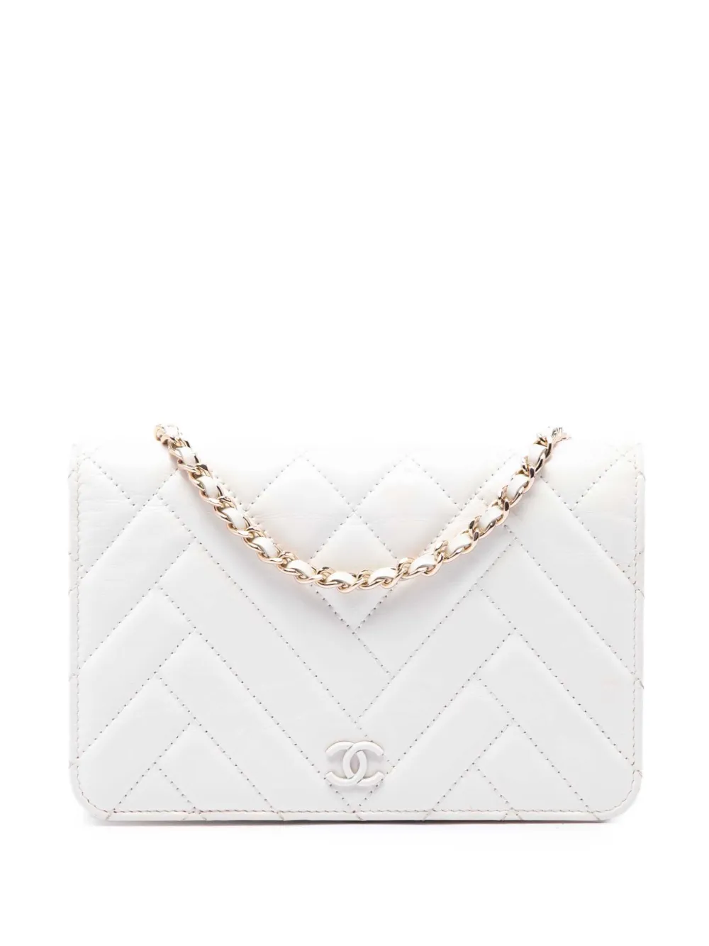 CHANEL Pre-Owned 2019 CC Crinkled Chevron Calfskin Wallet On Chain crossbody bag - Bianco
