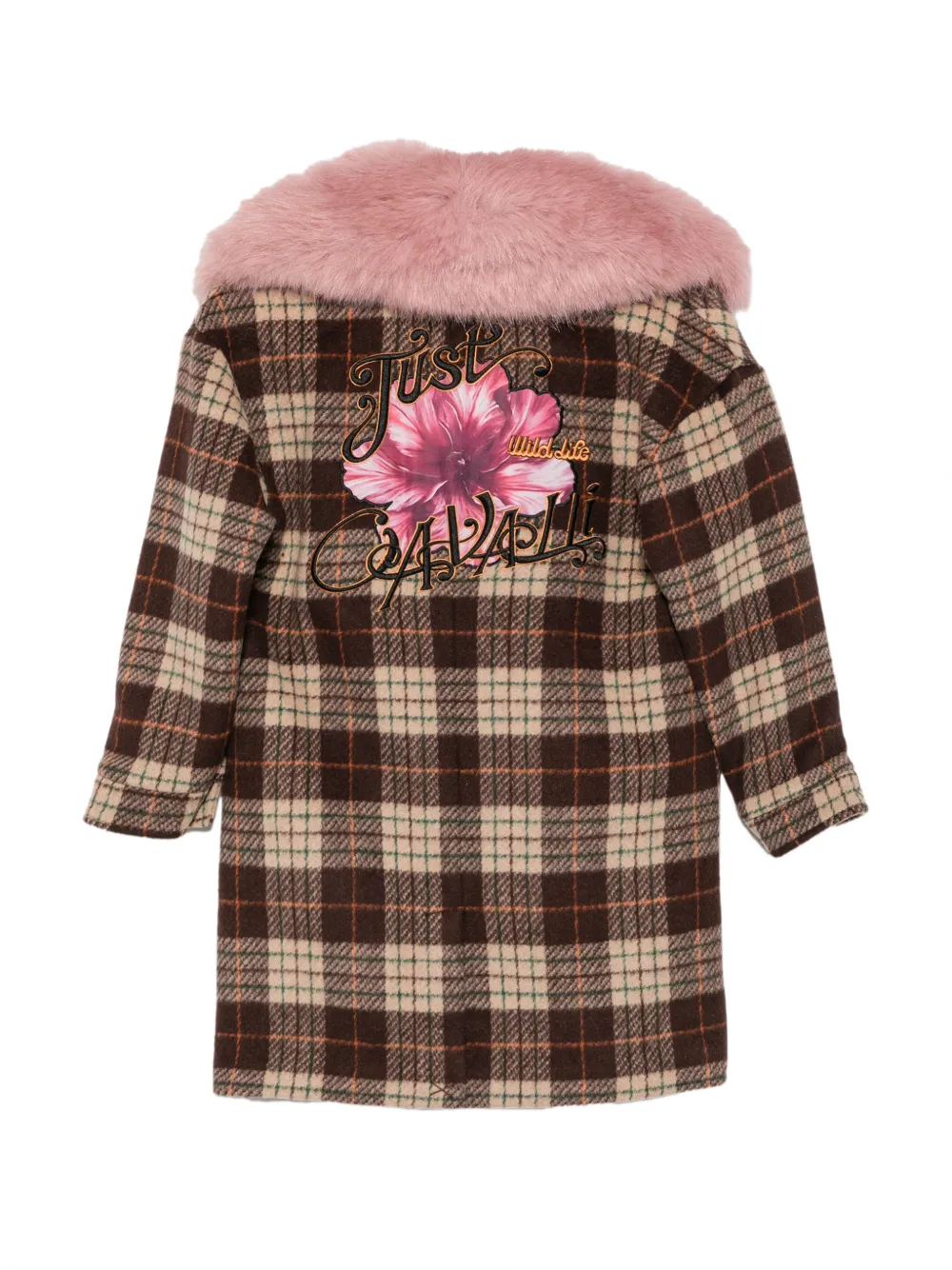 Roberto Cavalli Junior check faux-fur-trim coat Bruin