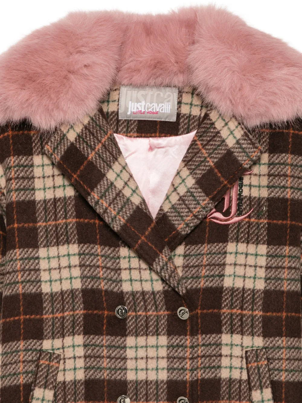 Roberto Cavalli Junior check faux-fur-trim coat Bruin